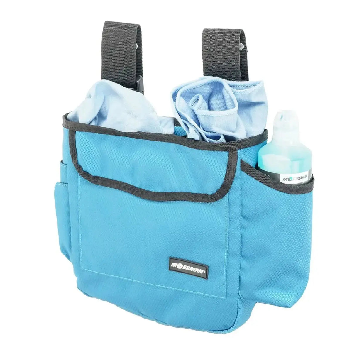 Blauer mesh organizer bag mit schwarzem rand und verstellbaren riemen moerman side kit gürteltasche