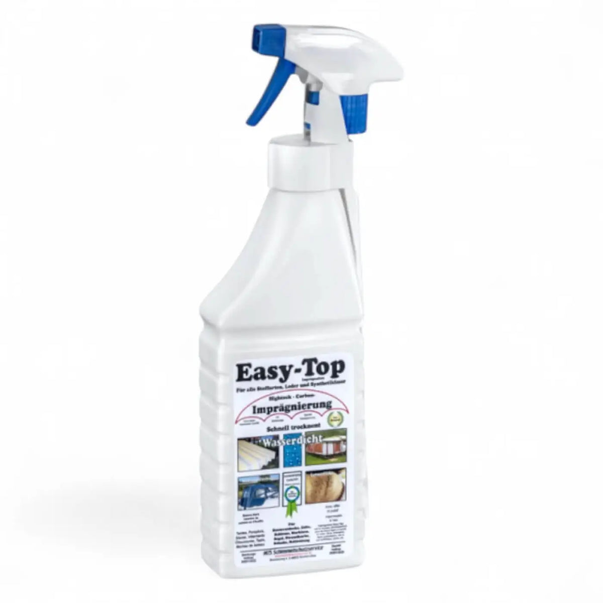 Weiße plastik-sprühflasche mit blauem abzug easy-top zur schnellen fleckentfernung bei mts original easy-top hightec carbon imprägnierung 1l