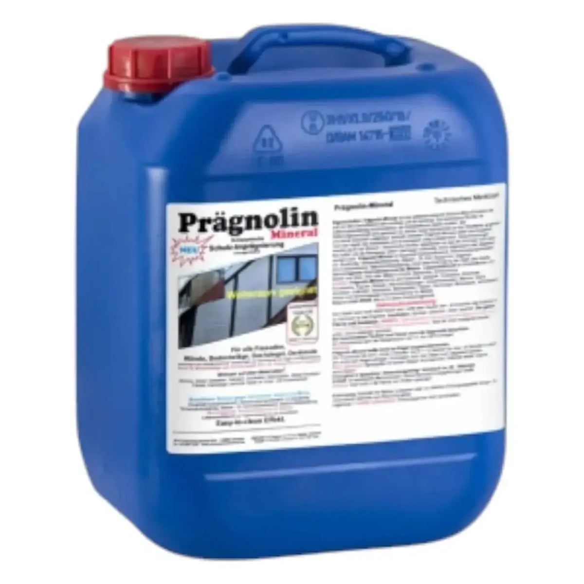 Blauer plastikkanister mit rotem verschluss und wei label der marke prägnolin mineral als keramikimprägnierung
