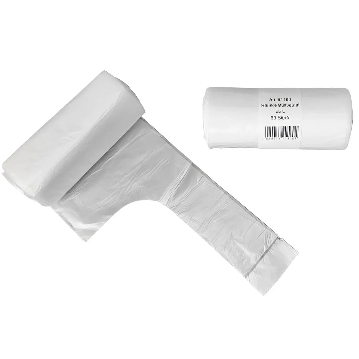Ein rollender transparenter müllbeutel mit henkel 25l aus plastik mit weißem etikett und produktdetails