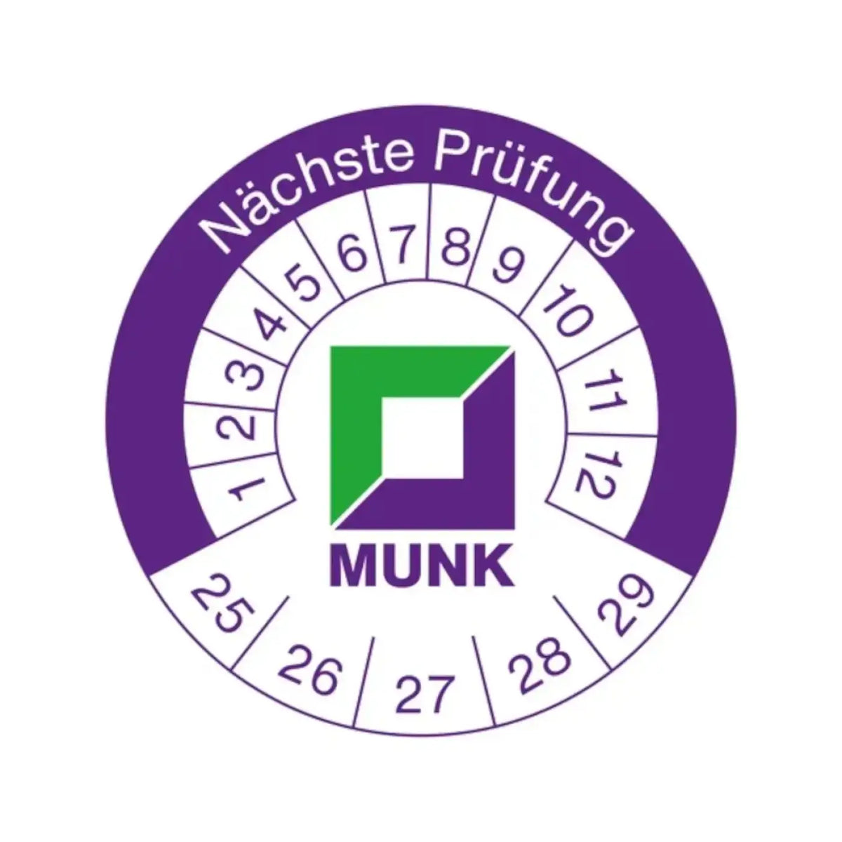 Munk prüfplakette mit lila und grüner kreisförmiger prüfmarke und segmentiertem zifferblatt zur datumswahl