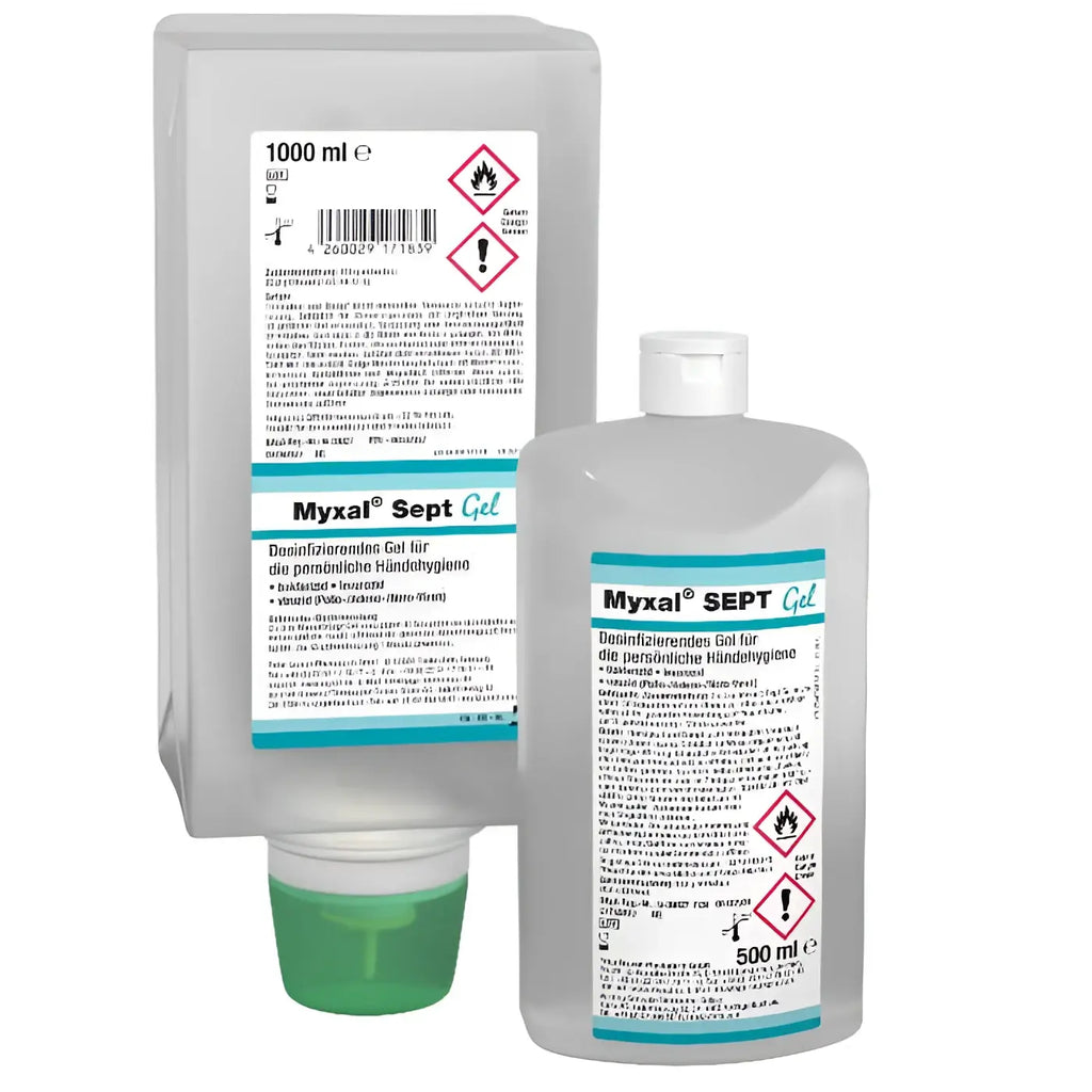 Zwei transparente kunststoffflaschen myxal sept gel händedesinfektion 1000 ml und 500 ml mit weißen etiketten und türkisakzenten