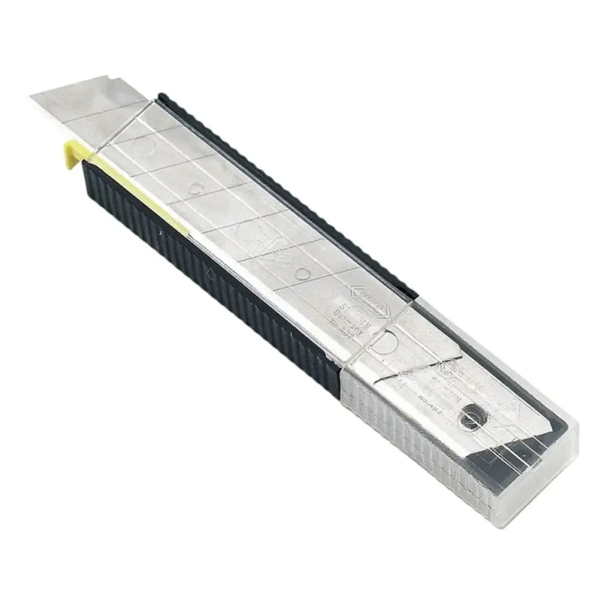 Schwarzes und silbernes profi-abbrechklingen cutter-messer mit texturiertem griff und gelbem sicherheitsriegel