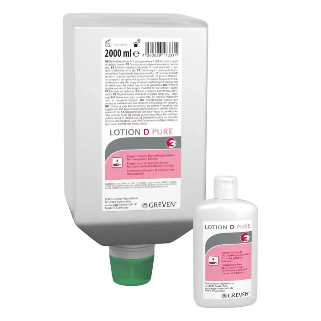 Weiße plastikflasche peter greven lotion d pure mit grünem deckel und rosa etikett, unparfümierte pflegelotion