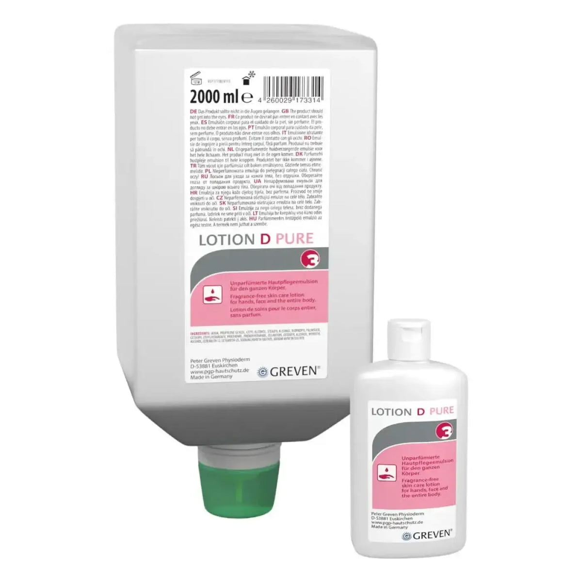 Weiße plastikflasche peter greven lotion d pure mit grünem deckel und rosa etikett, unparfümierte pflegelotion