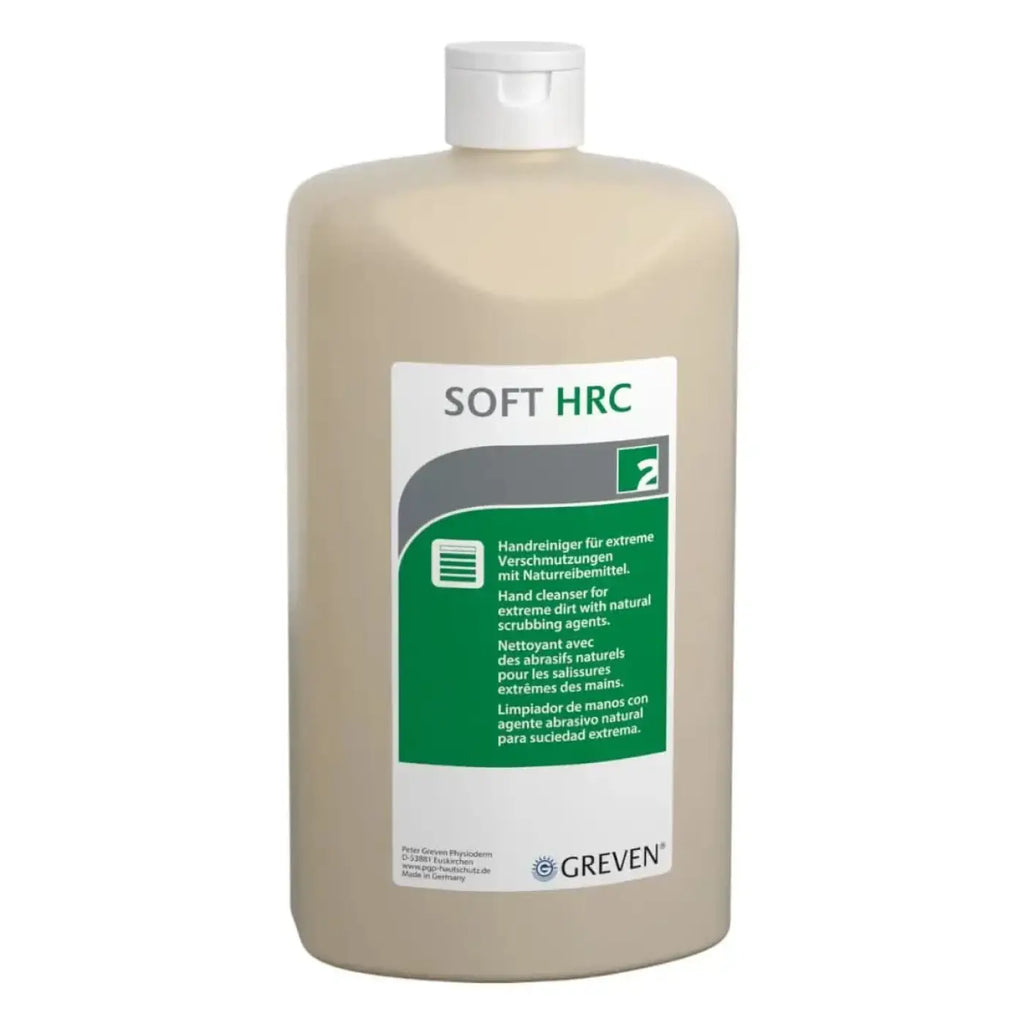 Beige plastikflasche greven soft hrc handreiniger mit weißem deckel und grünem etikett für sanfte handreinigung