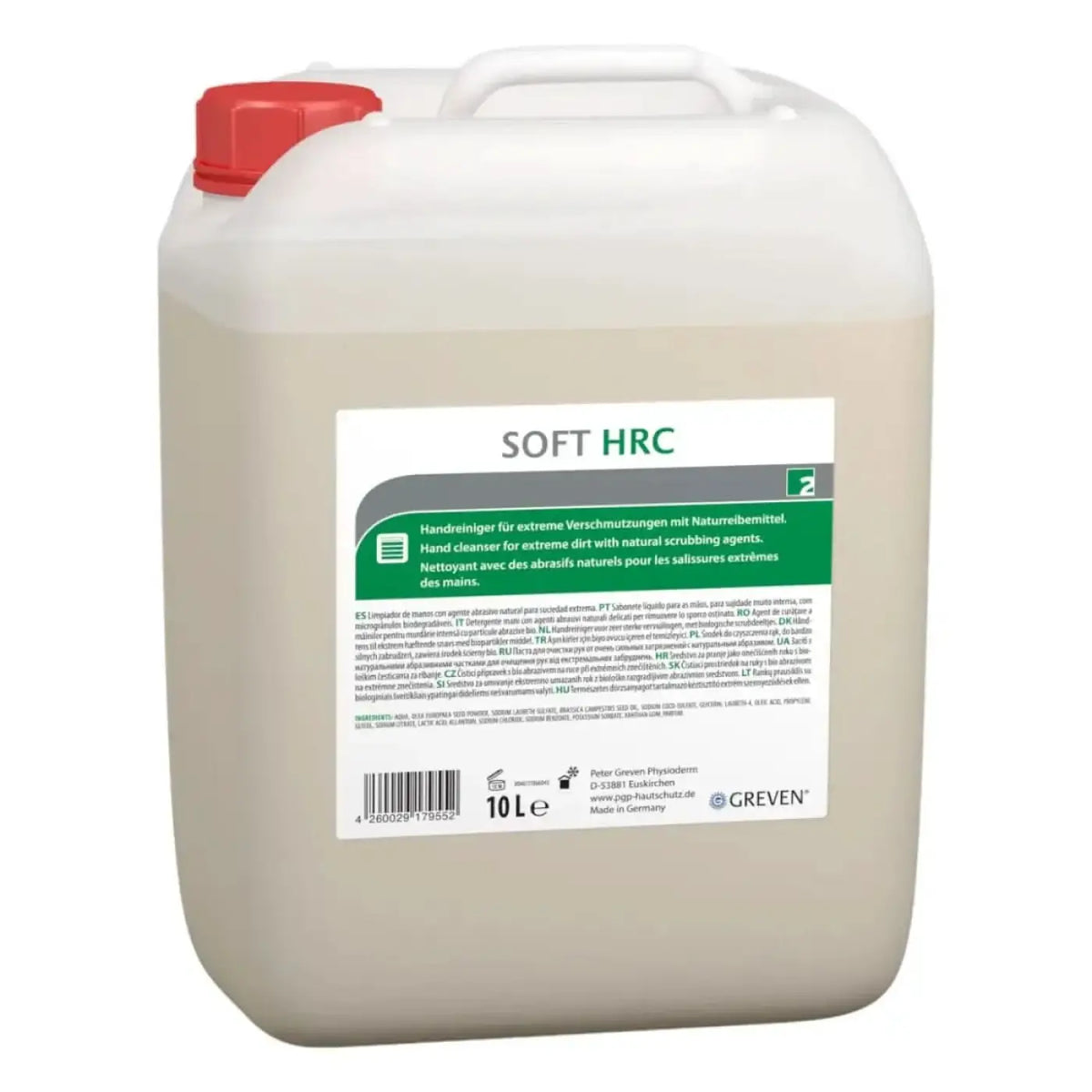Weißer plastikkanister mit rotem verschluss und grünem etikett enthält 10 liter peter greven soft hrc handreiniger mit bio-reibemittel