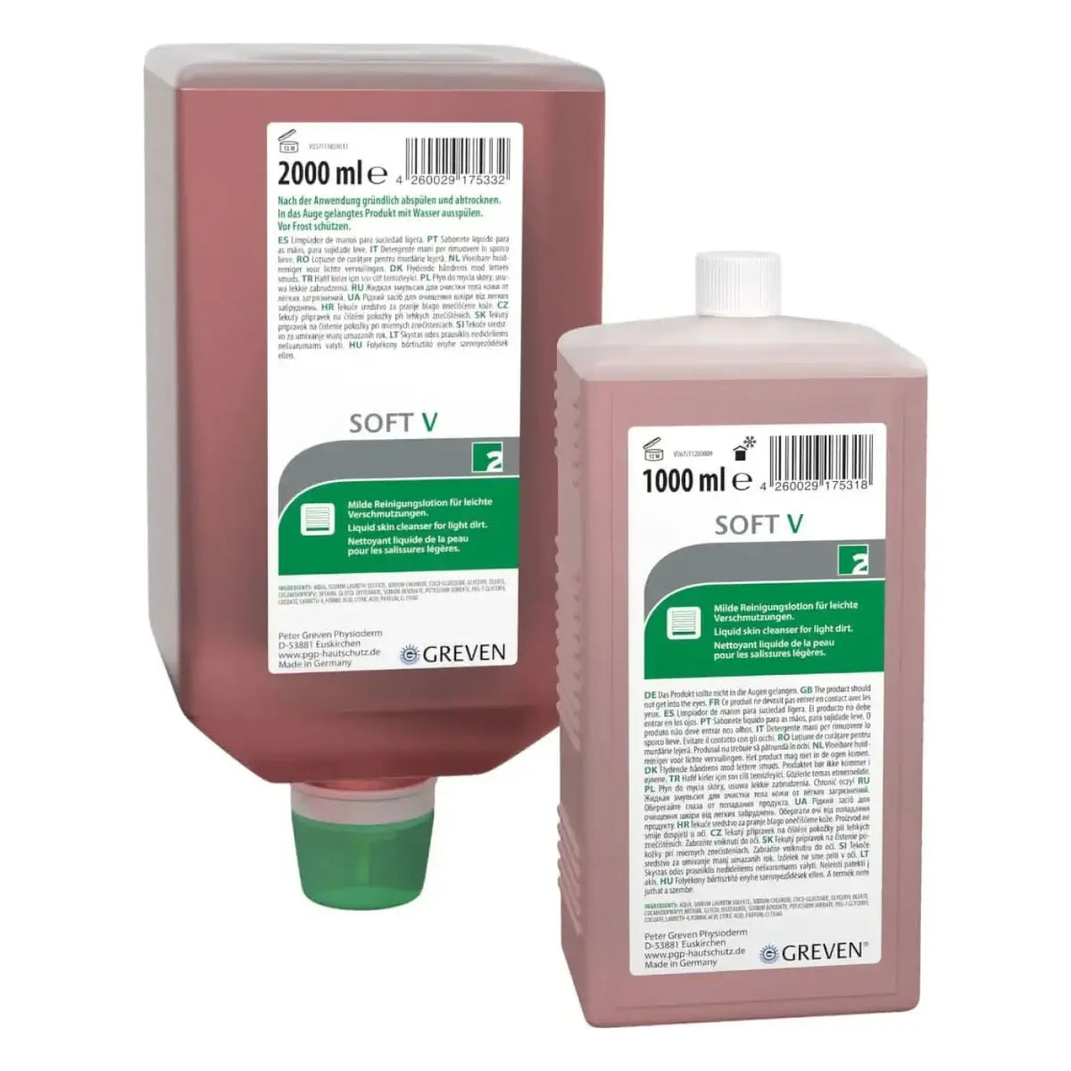 Zwei matte rosarote kunststoffflaschen peter greven soft v milde hautreinigungslotion 2000 ml und 1000 ml