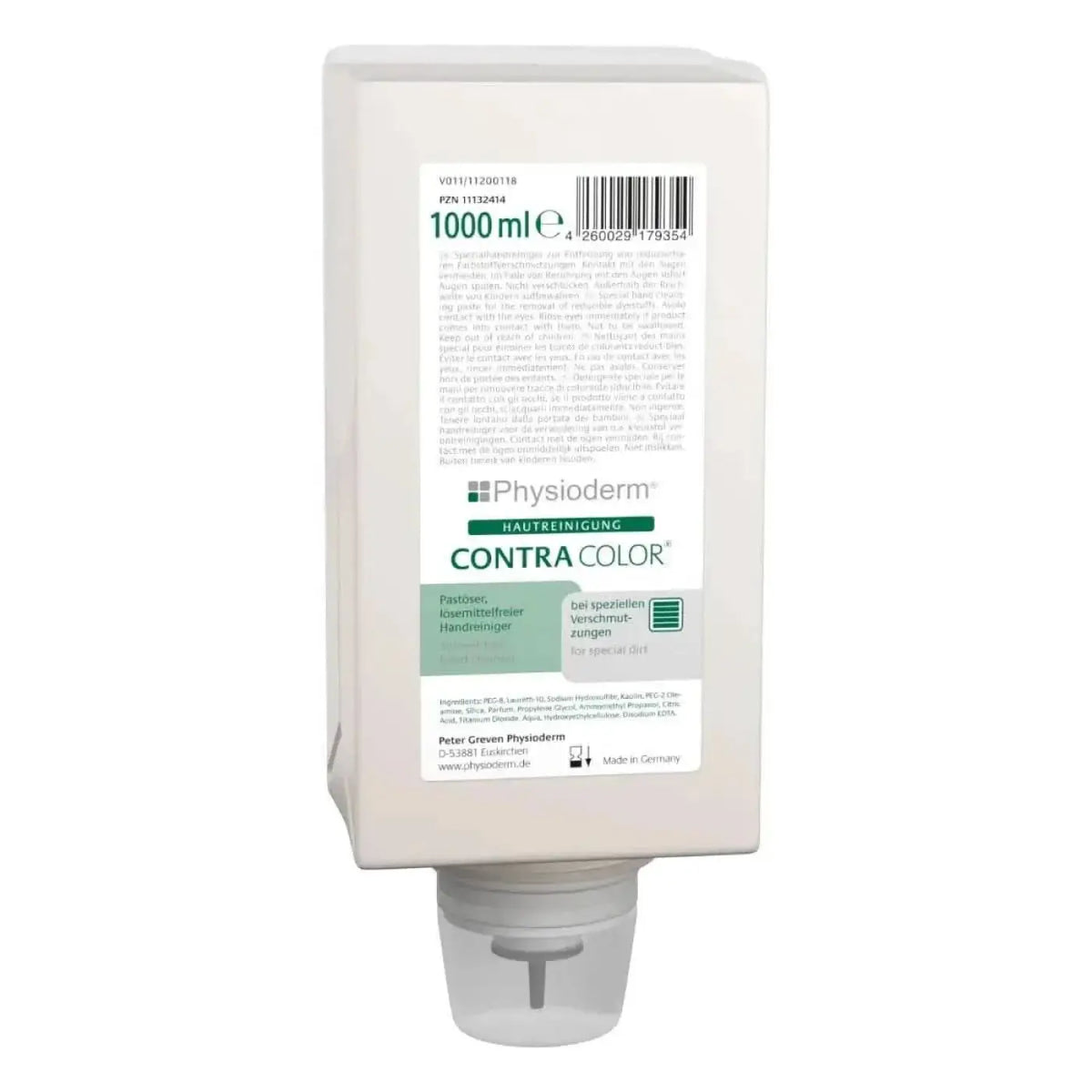 Weiße kunststoffspenderflasche mit grauem pumpmechanismus physioderm contra color spezialhandreiniger 1 l zum reinigen der haut