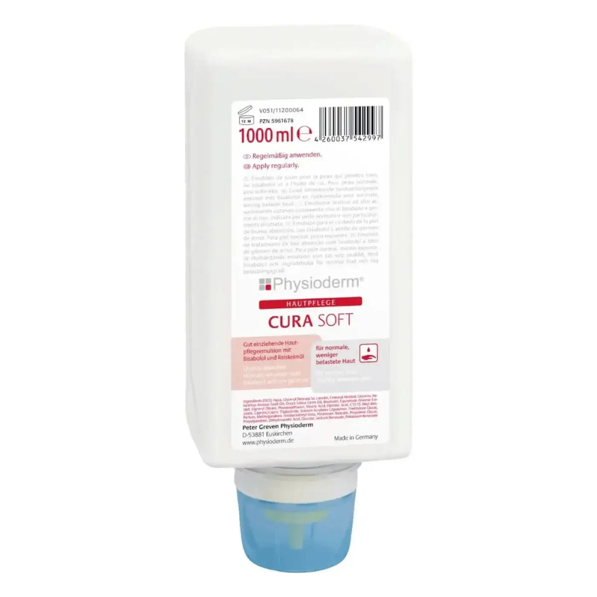 Weiße plastikflasche mit blauem deckel und label physioderm cura soft hautpflegecreme für normale bis empfindliche haut