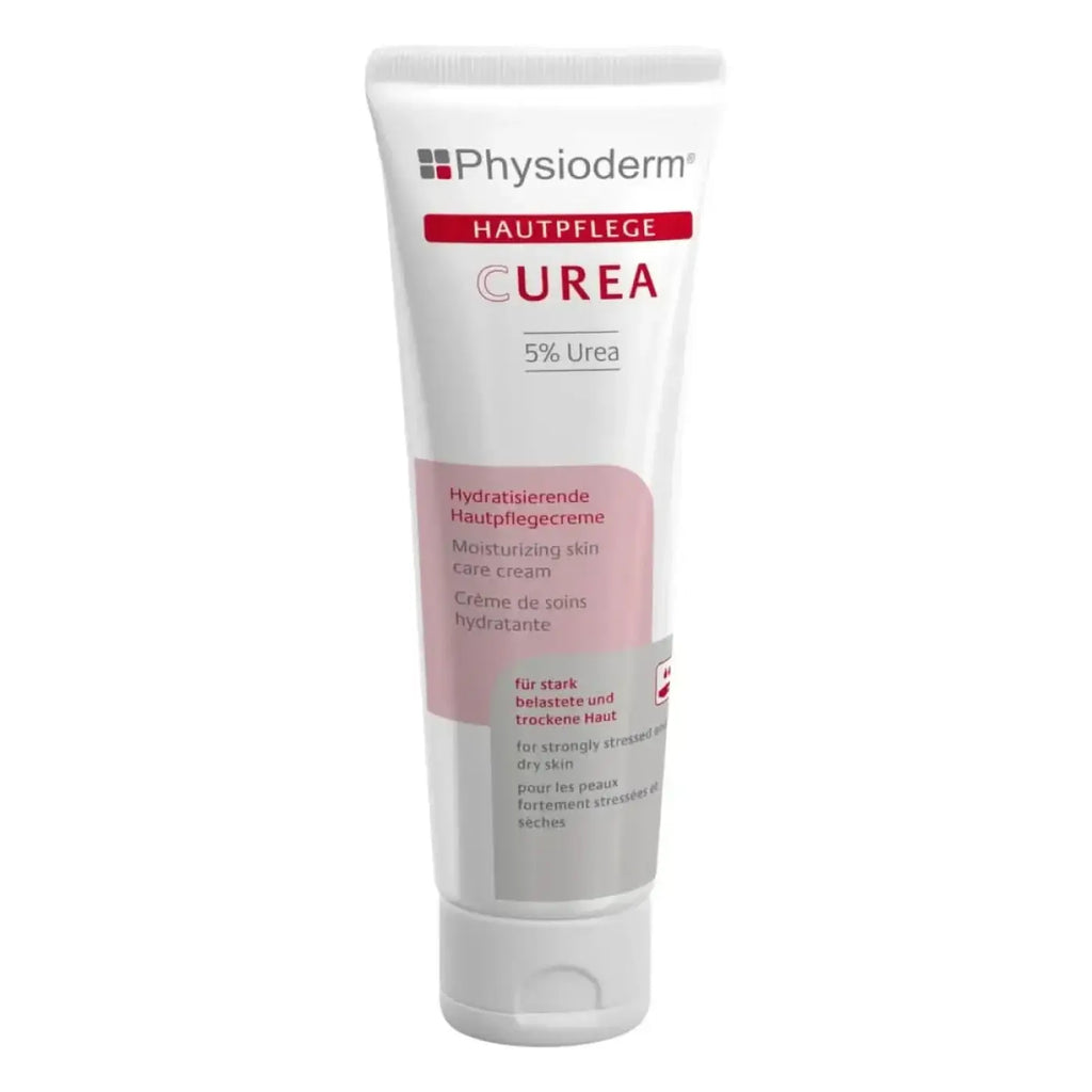Physioderm curea 5% urea feuchtigkeitspflege in weißer tube mit rosa und grauem etikett für empfindliche haut