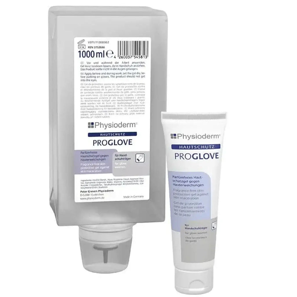 Graue kunststoffspenderflasche mit weißem etikett und blauem text physioderm proglove hautschutzgel für handschutz