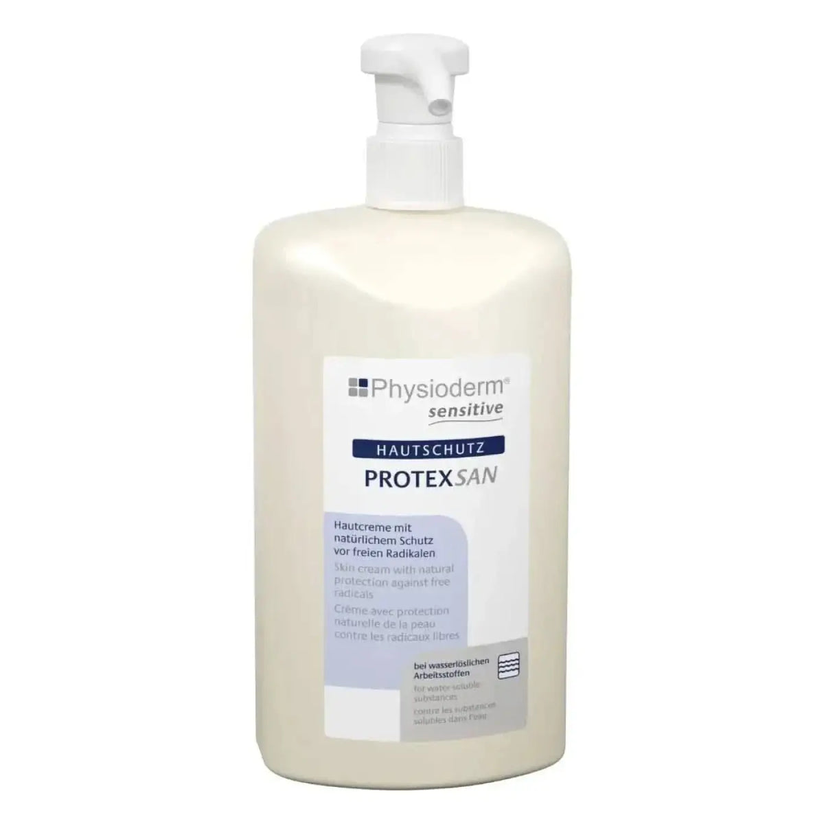 Weiße plastikflasche mit pumpspender von physioderm sensitive protexsan hautschutzcreme für hautschutz