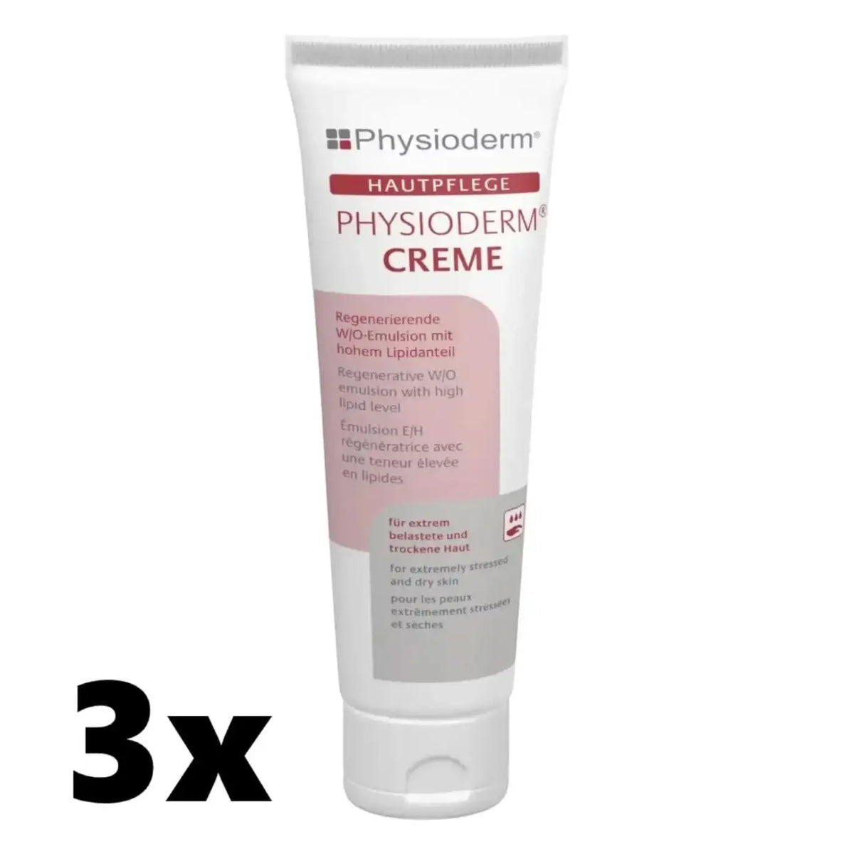 Weiße tube physioderm creme hautpflegecreme für hände und gesicht mit rosa und grauem etikett