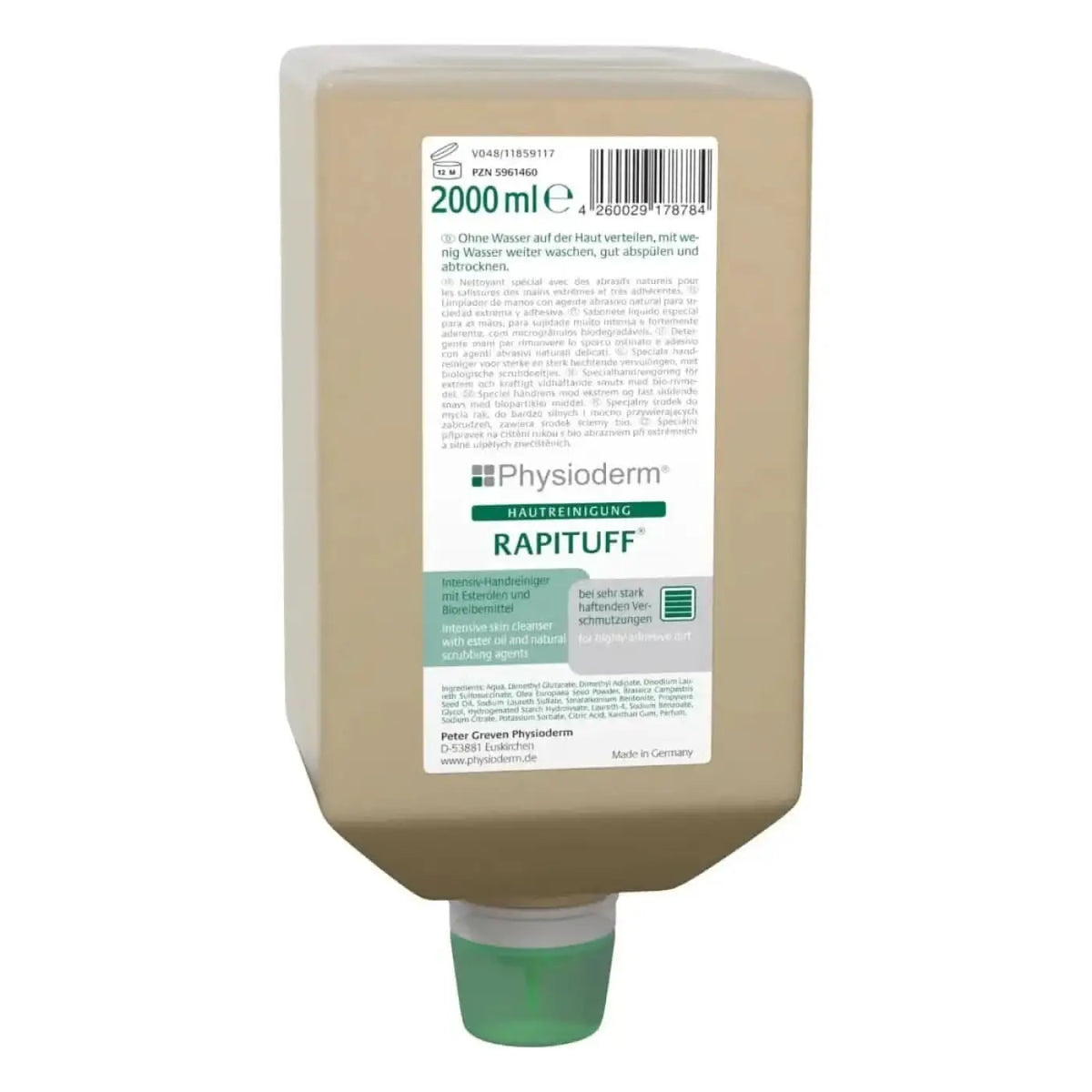 Ein beiger plastikflasche mit grünem verschluss physioderm rapituff intensivreiniger für hautreinigung 2 l varioflasche