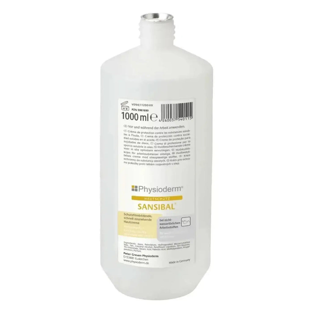 Eine durchsichtige weiße plastikflasche mit silbernem verschluss und beschriftung physioderm sensibal 1000 ml hautschutzcreme