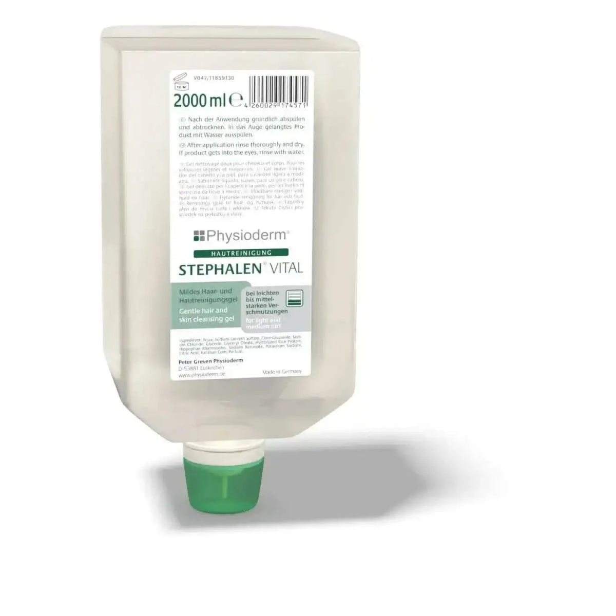 Ein durchscheinend weißer kunststoffflasche mit grünem deckel physioderm stephalen vital waschgel 2000 ml mildes reinigungsgel für haar und haut
