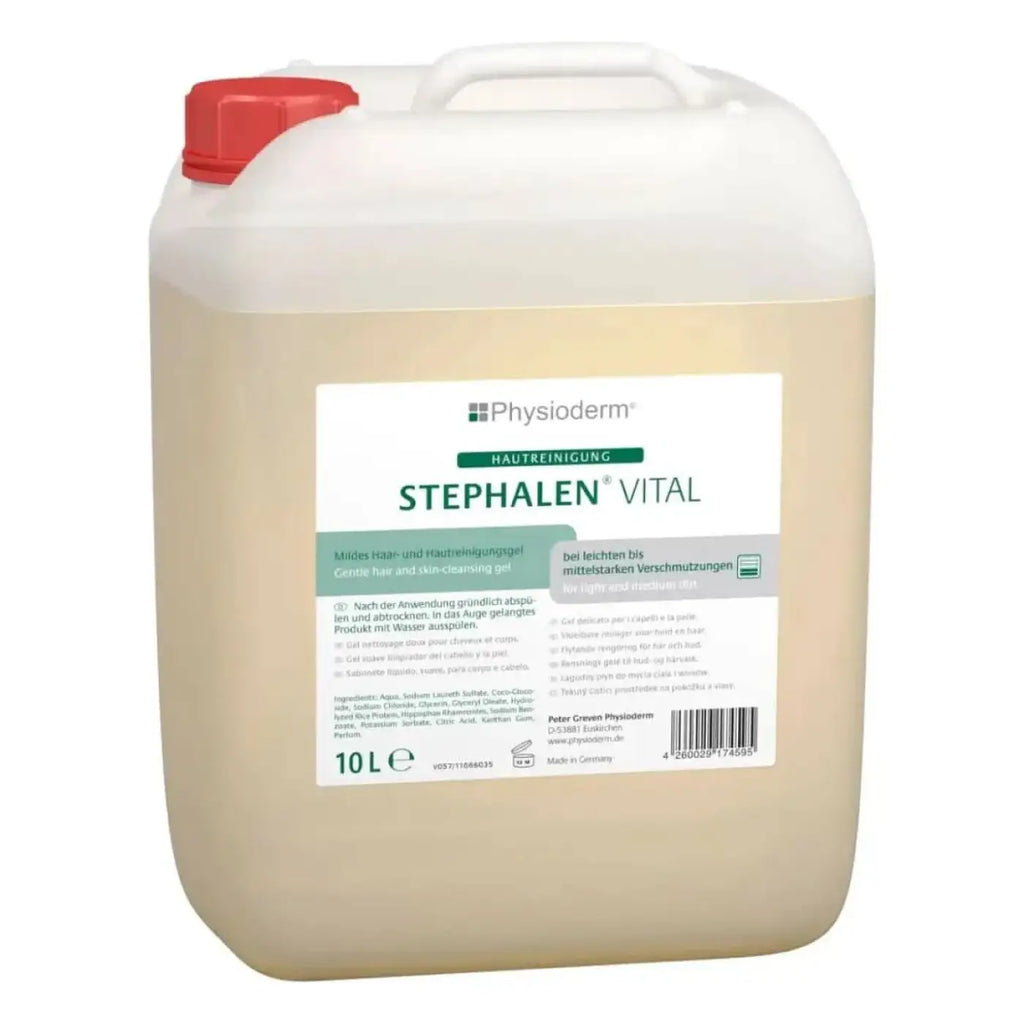 Ein 10 liter weißer plastikkanister mit rotem deckel gefüllt mit blassgelbem waschgel physioderm stephalen vital
