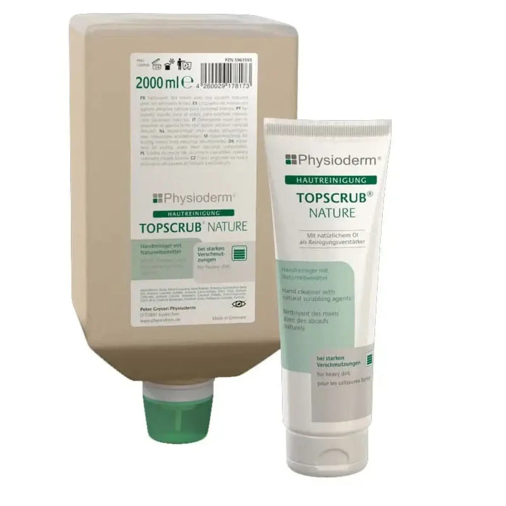 Physioderm topscrub nature handreiniger in beigem kunststoffspender und weißer tube mit grünen akzenten