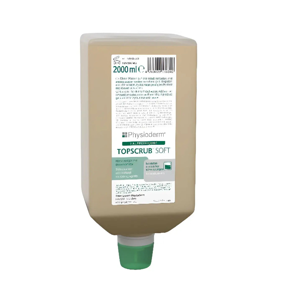 Beige plastikflasche mit grünem deckel und weißem etikett physioderm topscrub soft 2000 ml flüssigseife