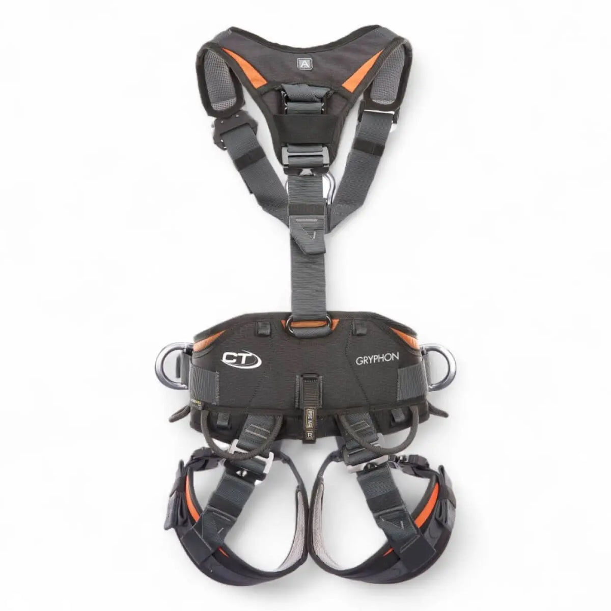 Schwarzer und oranger skyloTEC Gryphon Sitzgurt mit verstärkten webbing-riemen und Metall d-ringen