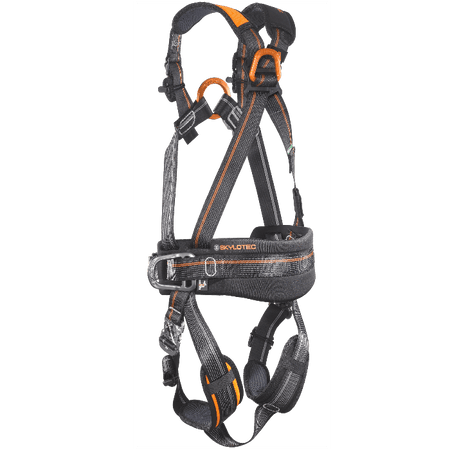 Schwarzer und oranger skilotec klettergurt skylotec ignite trion mit verstärkten webbing riemen