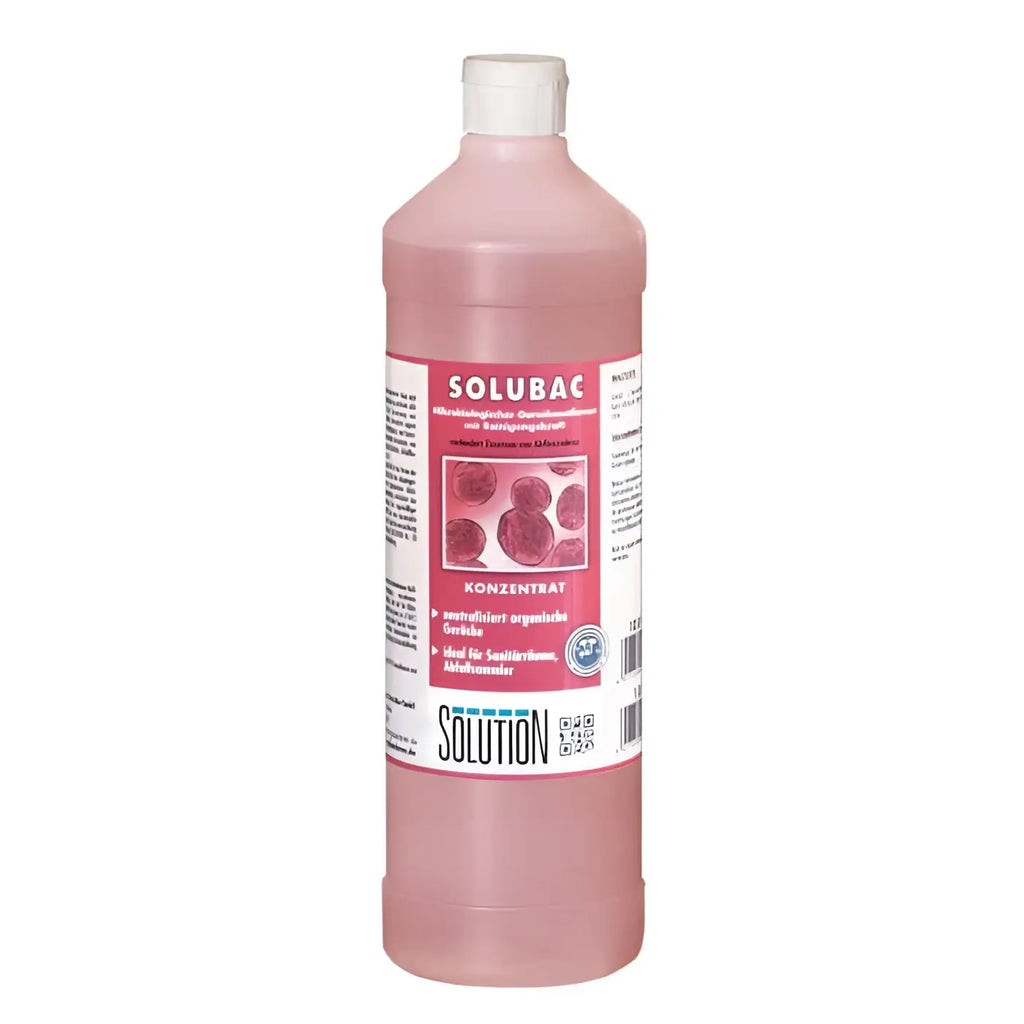 Eine 1 liter flasche solubac lösung mit rosa flüssigkeit und weißem deckel als geruchskiller von glöckner