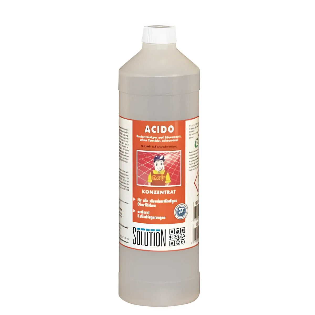 Eine durchsichtige plastikflasche solution glöckner acido 1l mit weißem verschluss orange label und klarem flüssiginhalt