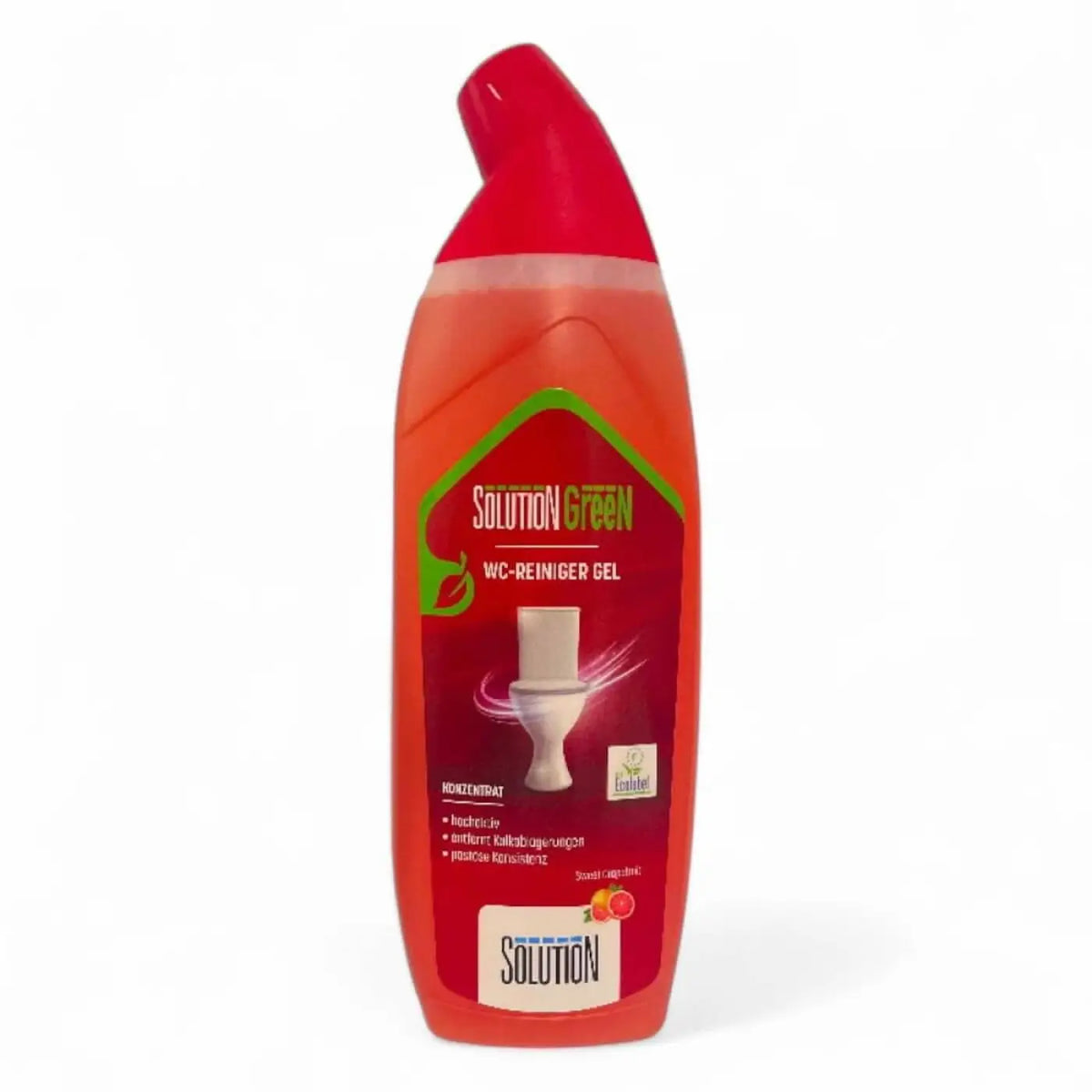 Rote kunststoffflasche solution-glöckner grüner wc-reiniger gel konzentrat 750ml mit grünem etikett und toilettenmotiv