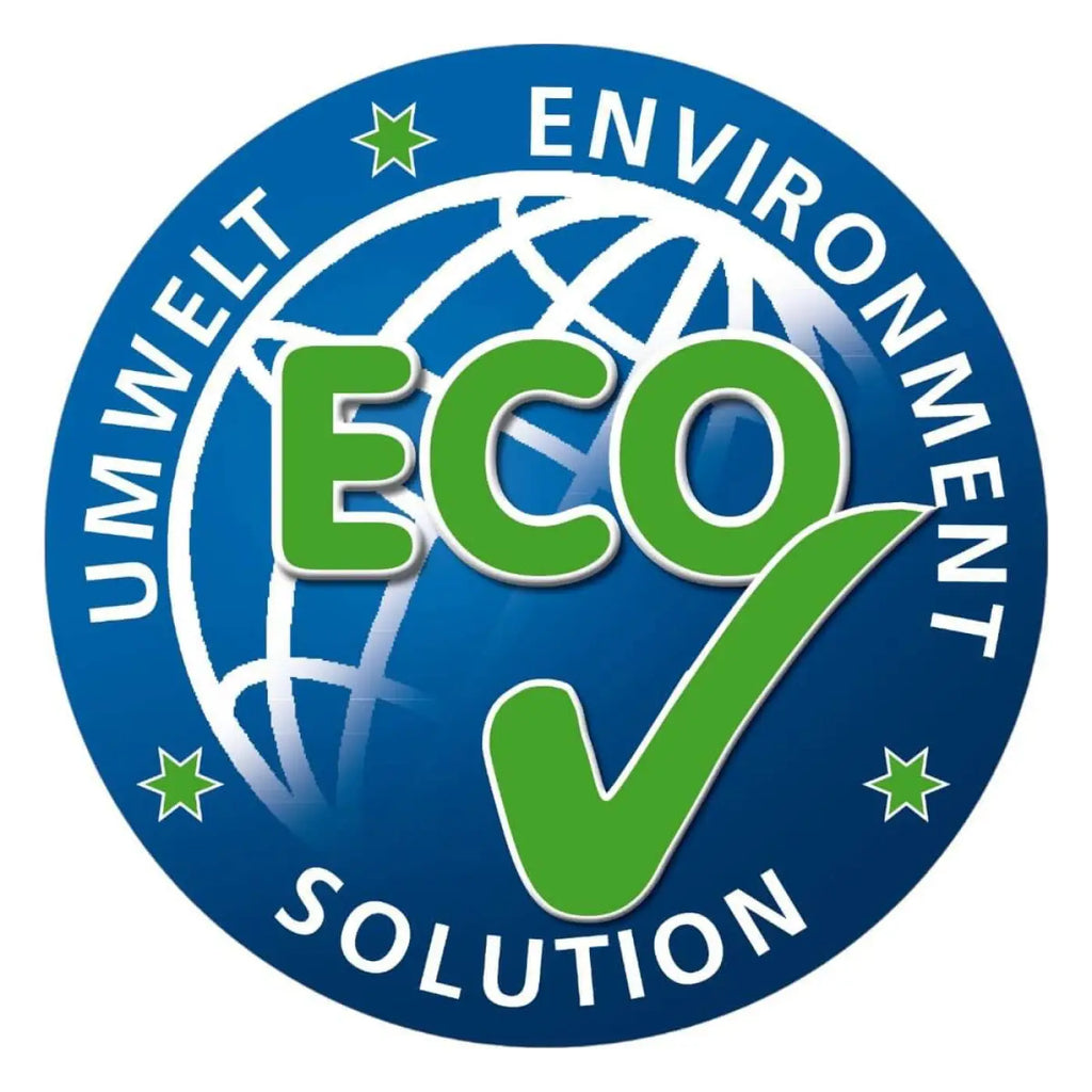 Kreisförmiges umweltfreundliches logo mit grünem eco-text und globe-checkmark bei lösung-glöckner nr 9 sprüh-ex-reiniger