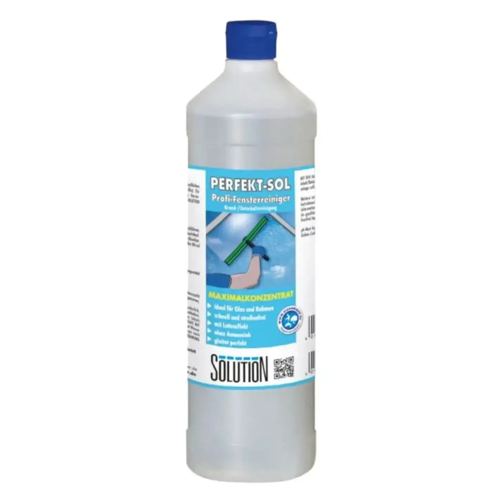 Klarer kunststoffflasche mit blauem deckel und blauem etikett mit perfekt-sol professionellem fensterreiniger