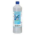 Klarer kunststoffflasche mit blauem deckel und blauem etikett mit perfekt-sol professionellem fensterreiniger