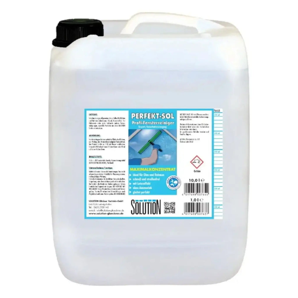 Weiße plastikflasche mit schwarzem verschluss und klarer flüssigkeit etikettiert perfekt-sol von solution als profi-fensterreiniger