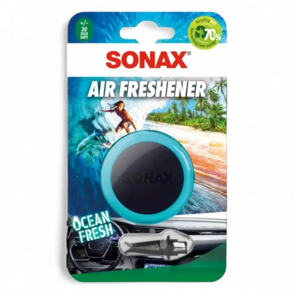 Teal und schwarze runde sonax air freshener ocean fresh im originalverpackung für langanhaltende frische