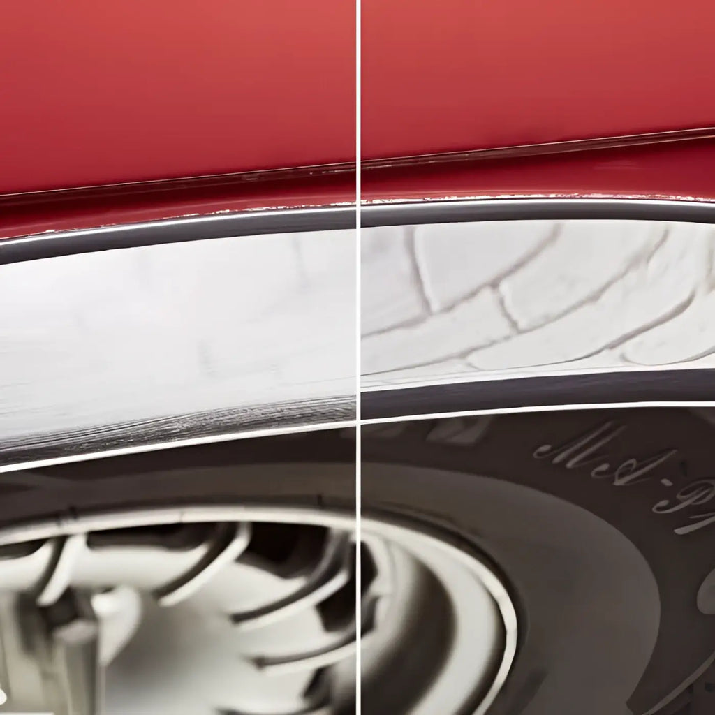 Shiny roter autokarosserie mit chromleisten und schwarzem m+s reifenprofil zeigt sonax chrom alu paste 75ml produkt