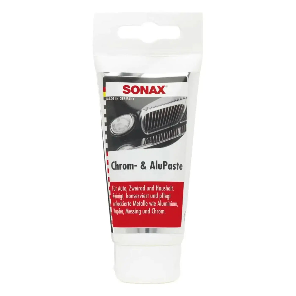 Weiße tube sonax chrom- & alupaste 75ml deutsche reinigungs- und polierpaste für chrom- und aluminiumflächen