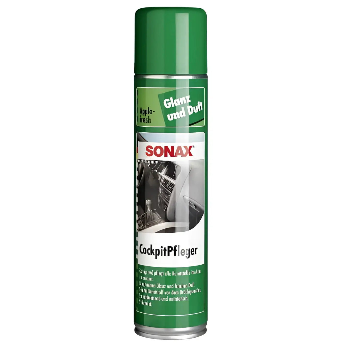 Grüner sonax cockpitpfleger 400ml aerosol mit silberner metallbasis und apfelfrischer duft für autoinnenreinigung