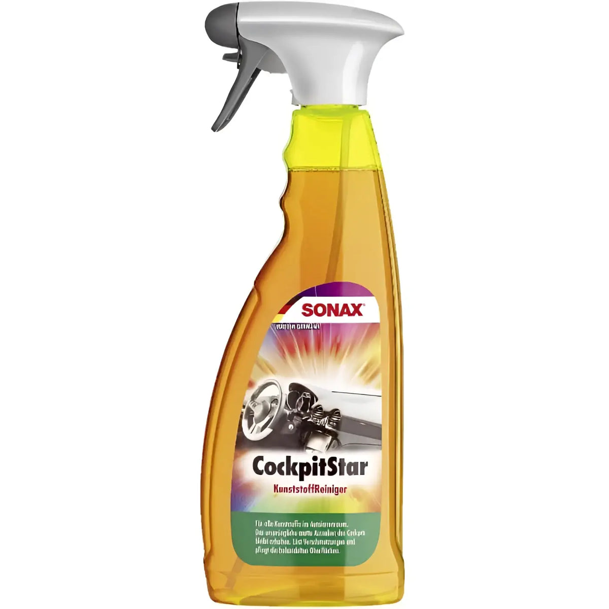 Ein transparenter bernsteinfarbener sprayflasche mit weißem und grauem sprühkopf sonax cockpitstar kunststoffreiniger für die fahrzeuginnenreinigung 750ml