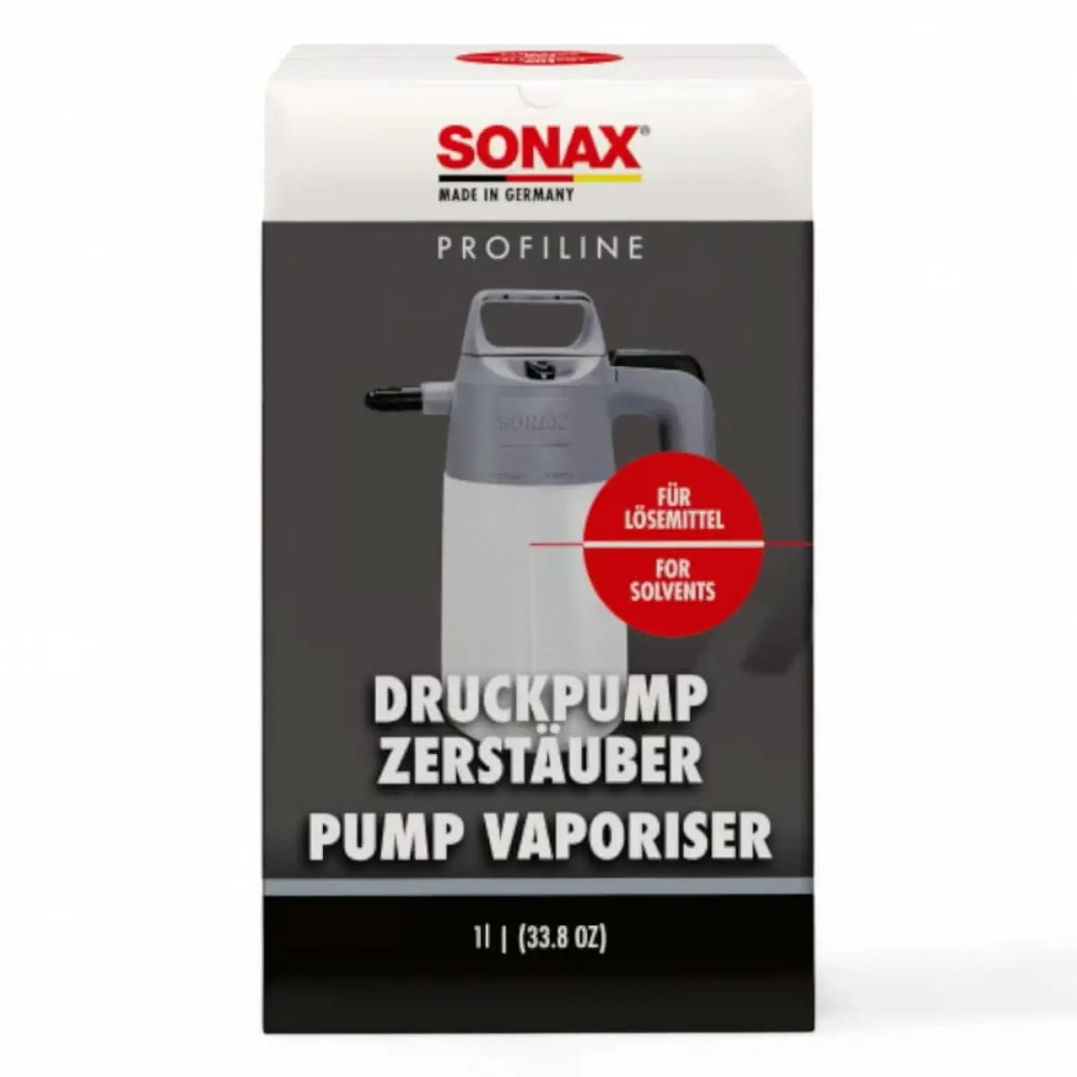 Sonax druckpumpzerstäuber für lösemittel mit schlankem grauem und weißem gehäuse zur präzisen solvent-applikation