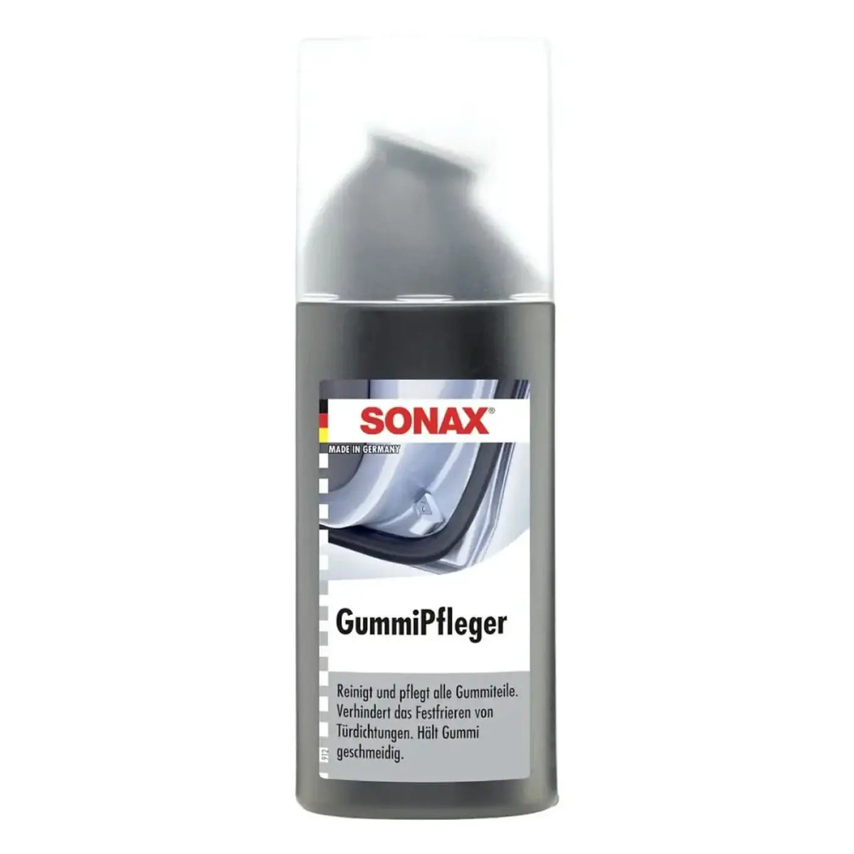 Sonax gummipfleger aerosoldose in dunkelgrau mit transparenter kappe zur reinigung und schutz von gummiteilen im auto