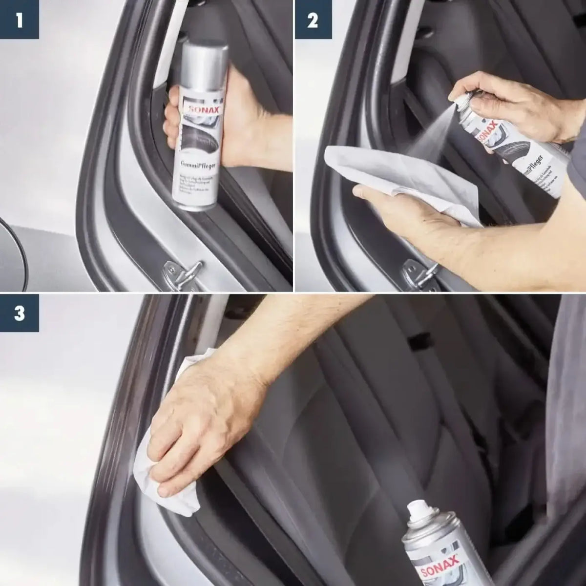 Silberne sonax aerosol dose gummipfleger für alle gummiteile zur pflege von auto-türdichtungen