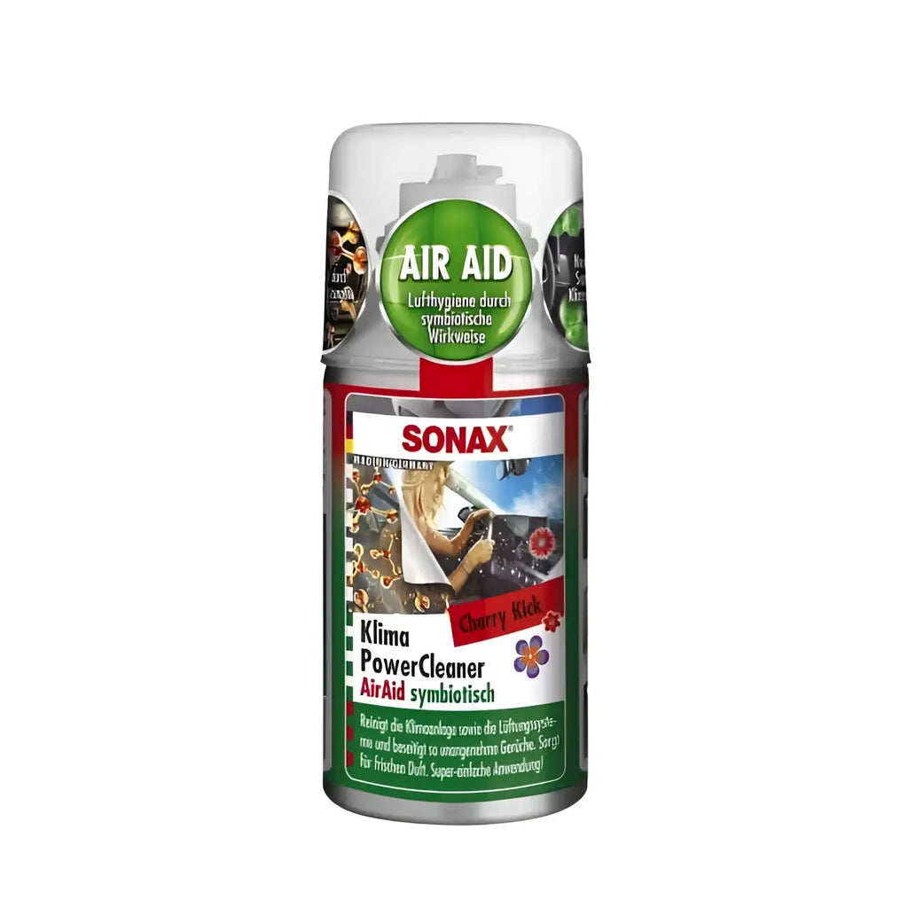 Sonax klima powercleaner airaid symbiotisch spraydose silber mit grün rotem label und kirsch kick duft 100ml