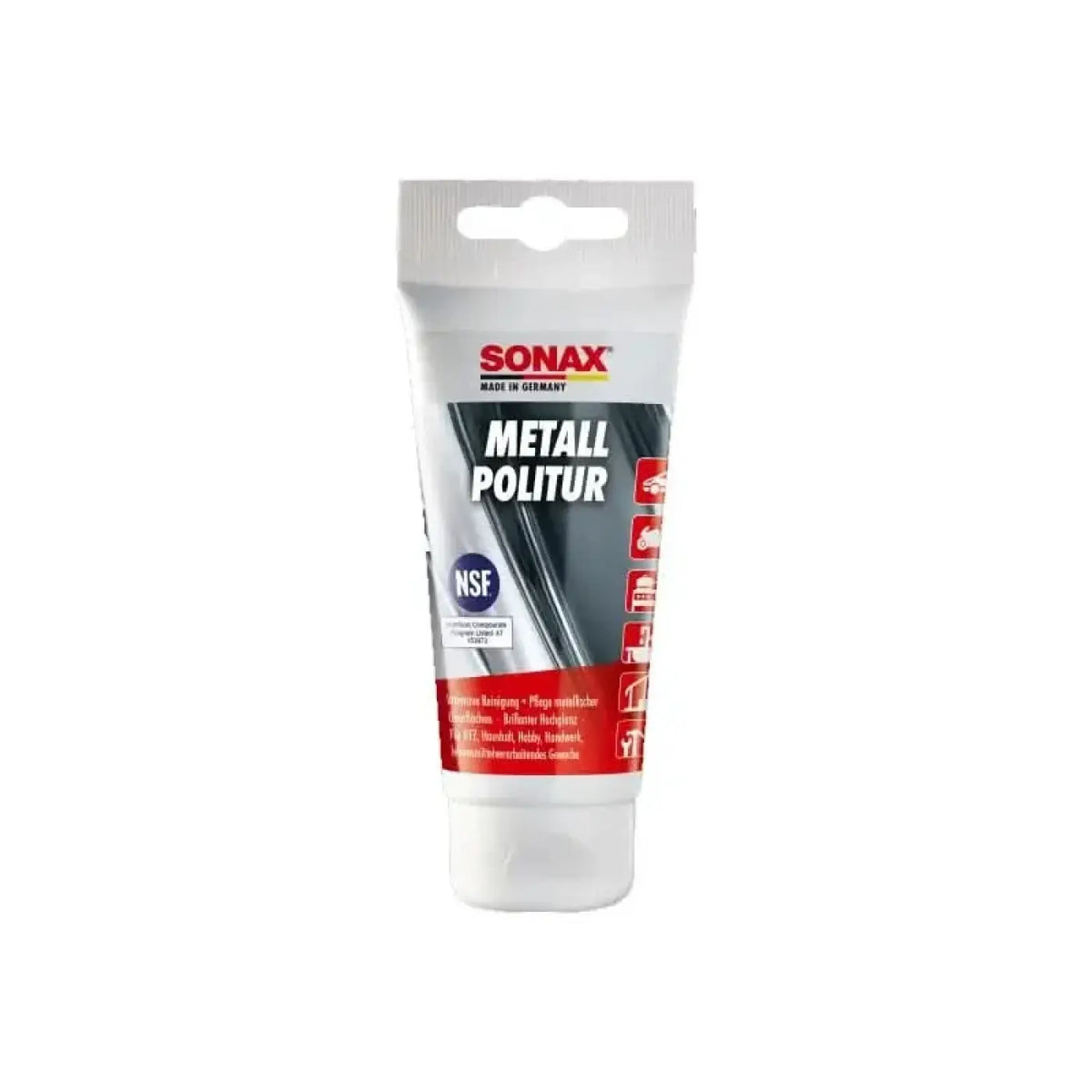 Sonax metallpolitur 75ml in weißer tube mit roter und schwarzer beschriftung für metallpolitur