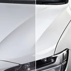 Weißes auto mit glänzend poliertem vorderen kotflügel und scheinwerferbereich mit sonax polish und wax color 500ml