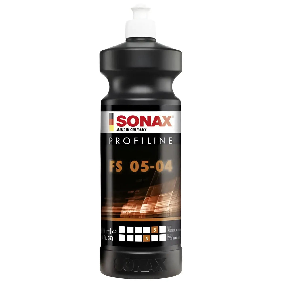 Schwarze kunststoffflasche mit weißem pumpenspender und silber-goldenem sonax profiline fs 05-04 etikett
