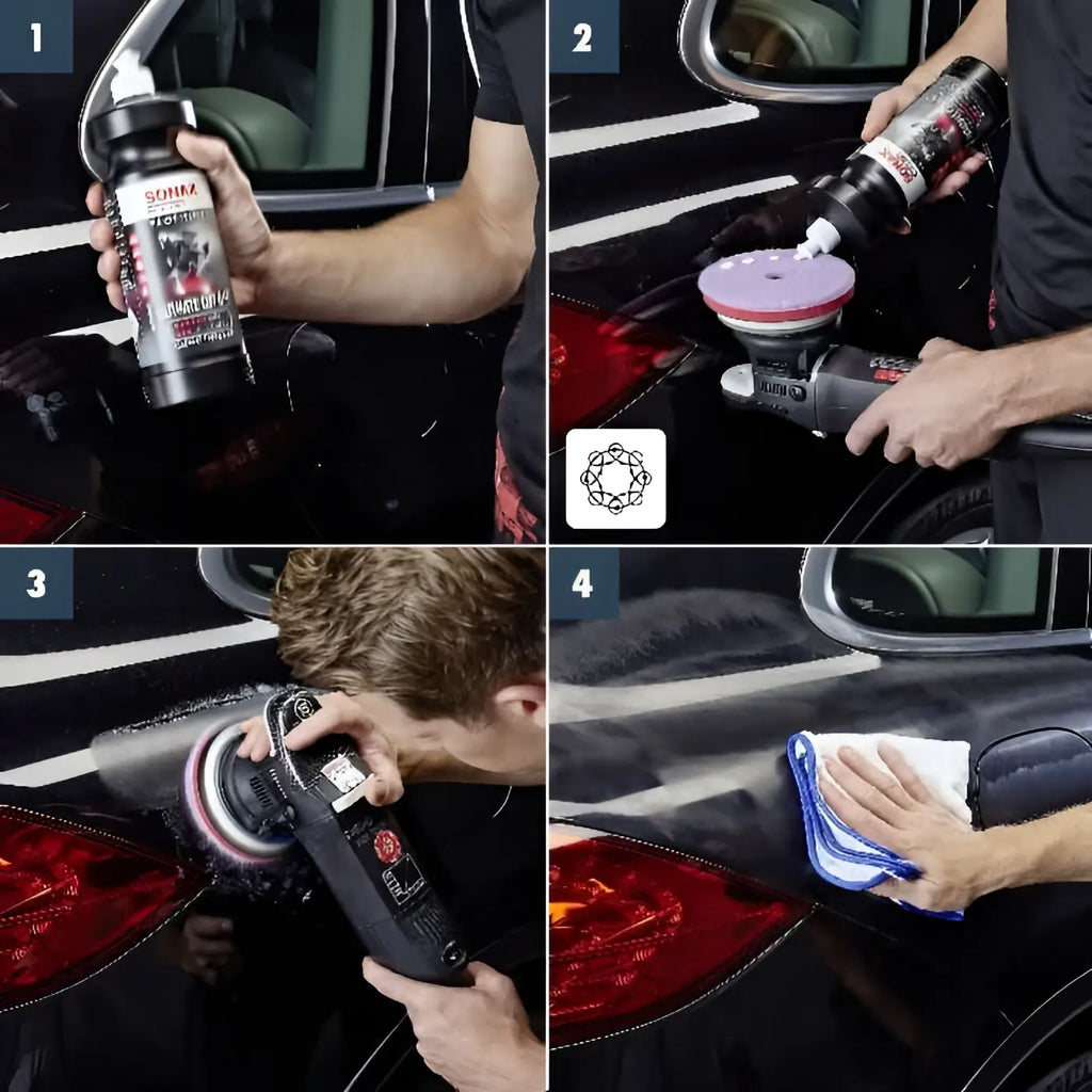 Schwarze flasche mit sona ultimate oil wax von sonax profiline ultimate cut mit roter und weißer etikettierung