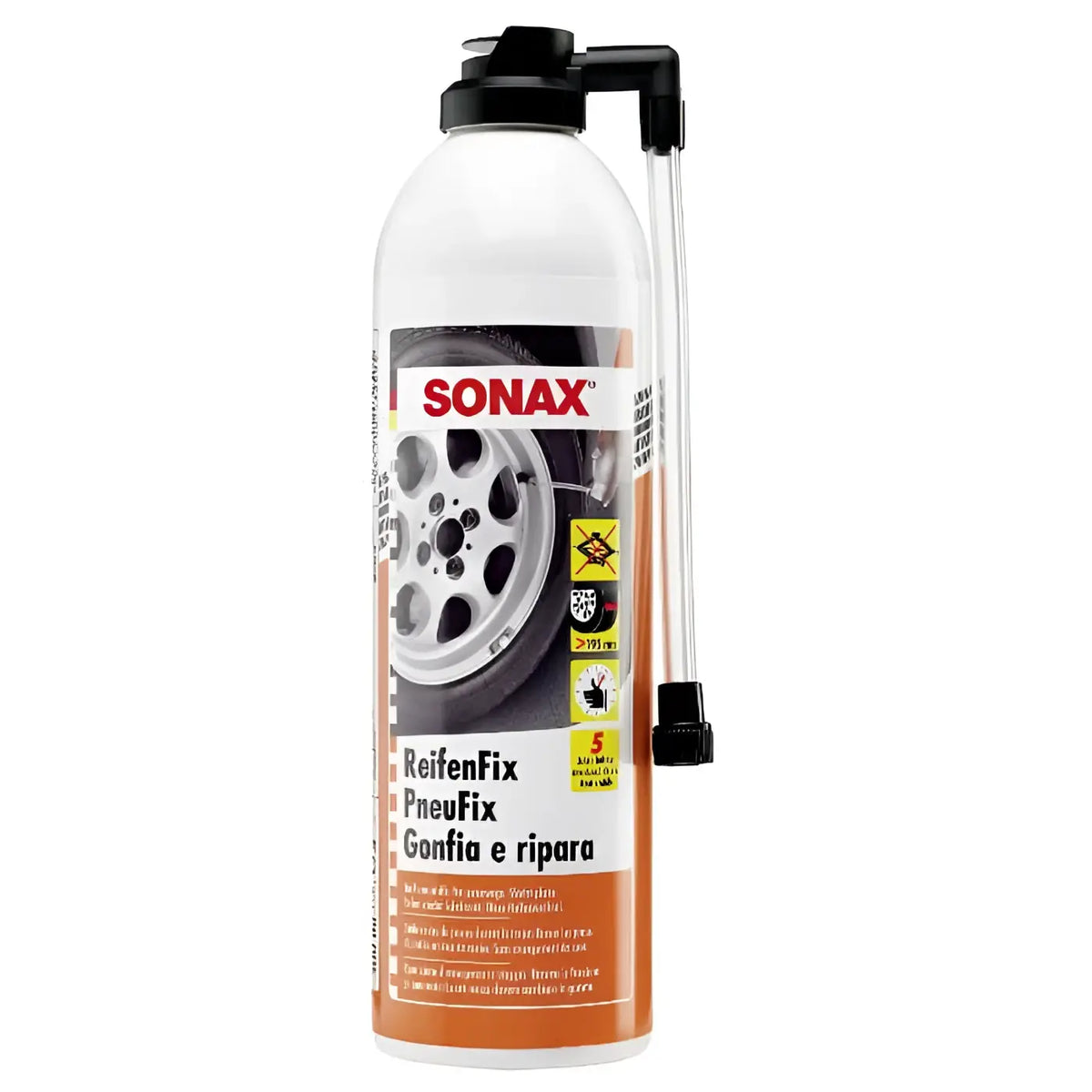 Sonax reifenfix pannen-set mit weißem reifenpannenspray in dose mit orangefarbenem etikett und schwarzer sprühdüse