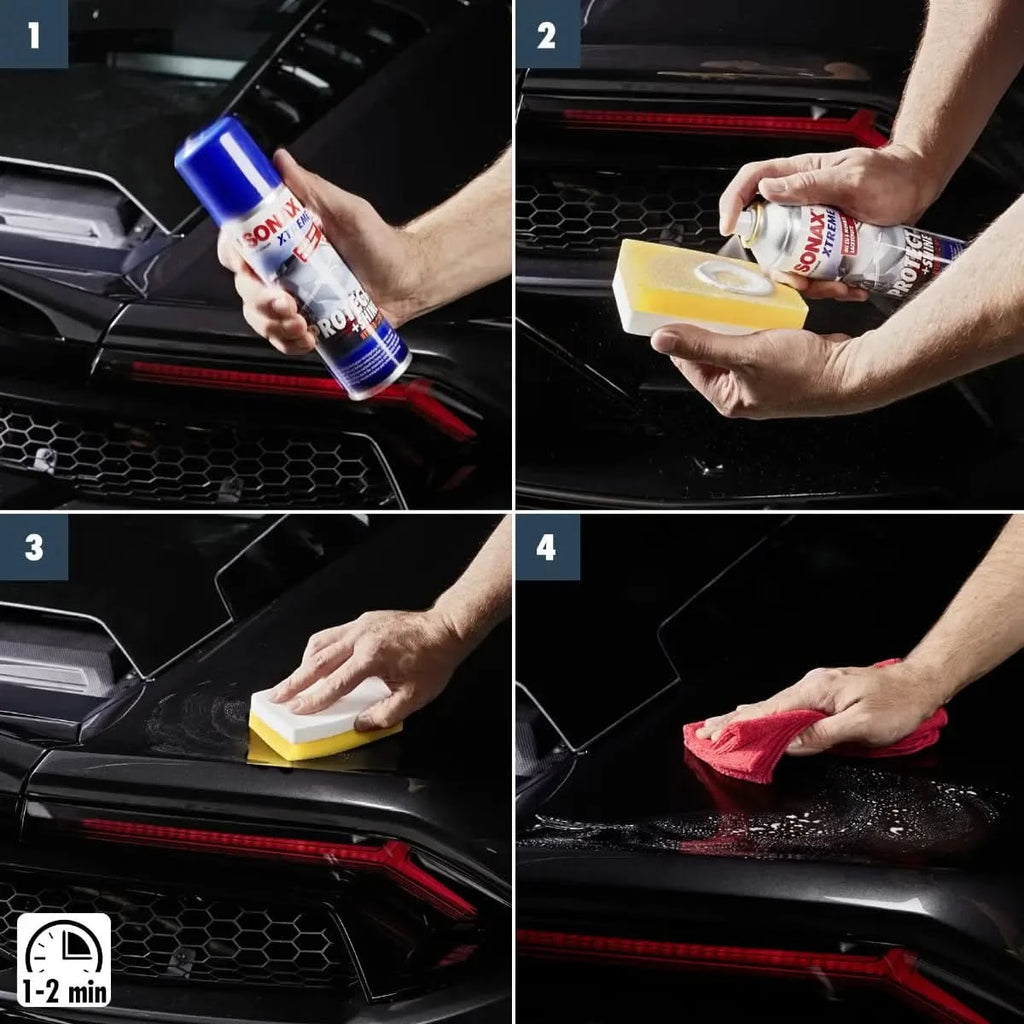 Blau-weiße sonax xtreme protect plus shine hybrid npt versiegelung sprayspraydose für autopflege zu sehen