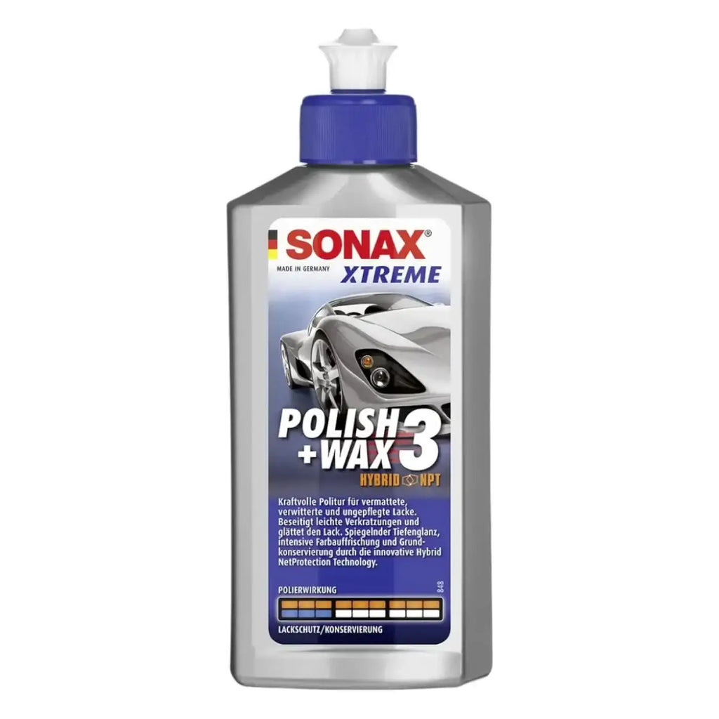 Silberfarbener plastikflasche sonax xtreme polish plus wax 3 mit blauem deckel und deutscher etikettbeschreibung zur autopflege