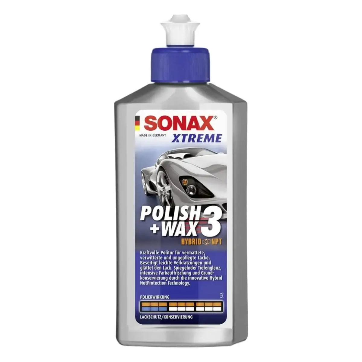 Silberfarbener plastikflasche sonax xtreme polish plus wax 3 mit blauem deckel und deutscher etikettbeschreibung zur autopflege